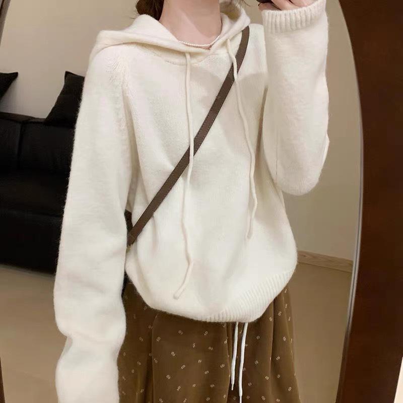 2025 Women's High-End European Style Pure Wool Hooded Sweater – Thick, Loose Knitwear for Autumn/Winter