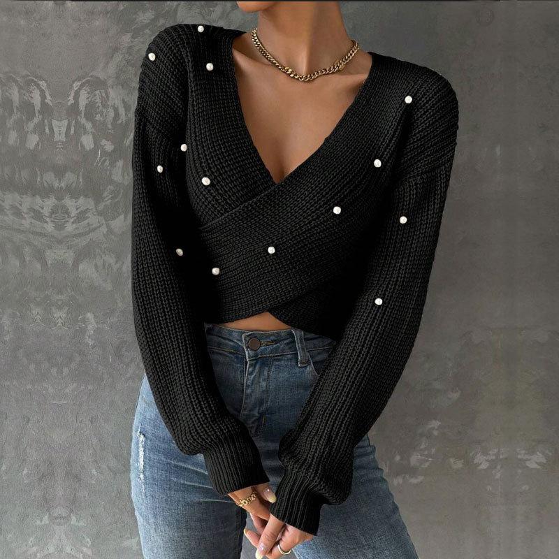 New Autumn Women's One-Shoulder Slim Fit Knit Sweater with Nail Beads