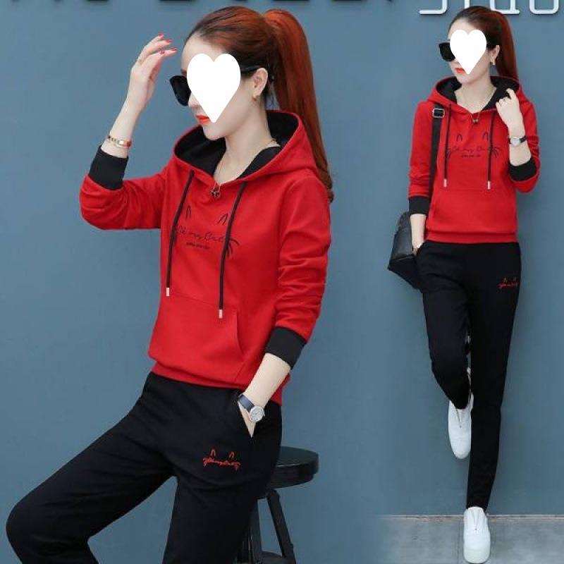 Embroidered Hooded Autumn Casual Sports Suit for Women Korean Style Loose Long-sleeved Student Two-piece Set