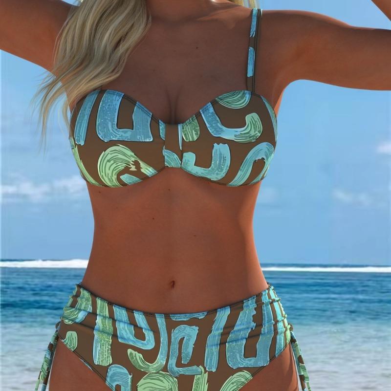 New Sexy European and American Bikini Print Lace-up Halter Swimsuit Women