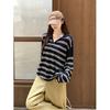 Striped polo collar soft waxy top women's spring and autumn new niche loose lazy wind loose knitted sweater