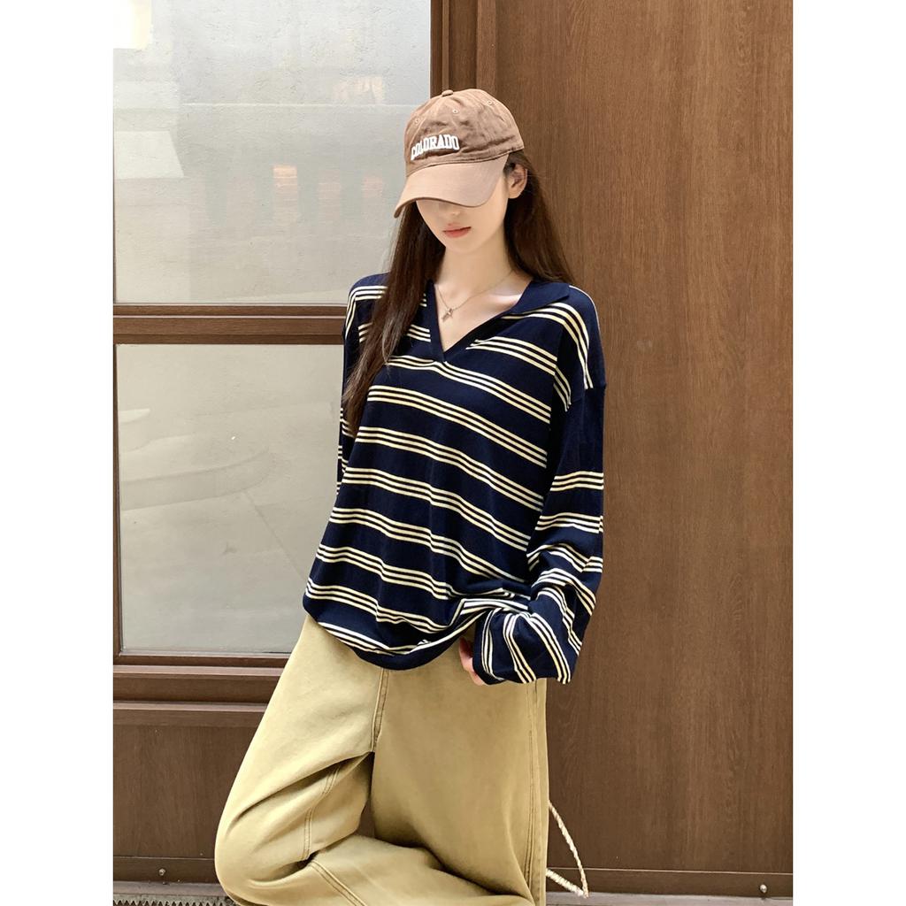 Striped polo collar soft waxy top women's spring and autumn new niche loose lazy wind loose knitted sweater
