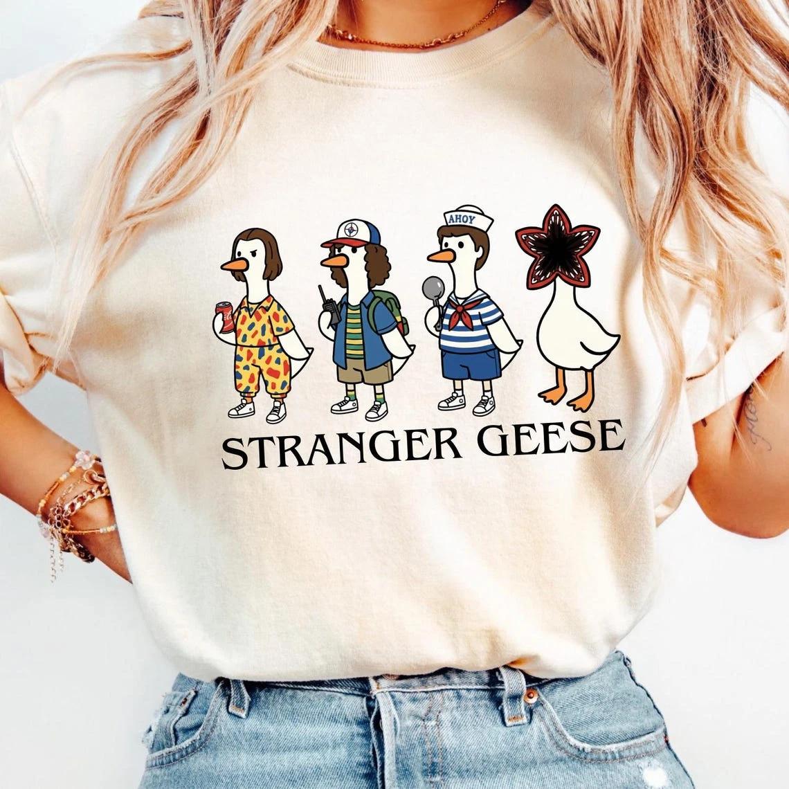 Stranger Geese Shirt – Funny Goose Graphic Retro 80s Sci-Fi Tee 4XL