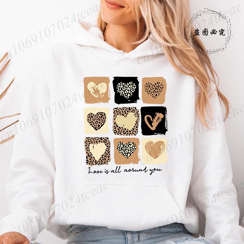 Women Hoodies Tops Funny Heart Leopard Print Hoodie Fashion Clothing Casual Female Sweatshirts Heart Leopard Fashion Streetwear