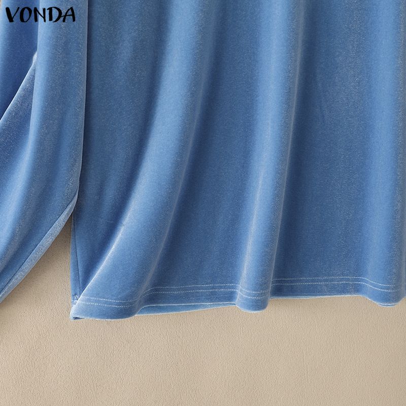 VONDA Autumn Women Casual Long Sleeve Loose Fit Velvet Henley Blouse Pullover Tops