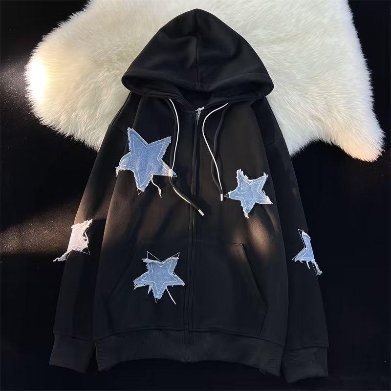 American Retro Patch Five-pointed Star Jacket for Men and Women Spring and Autumn Thin Loose Ins Hong Kong Style Oversize Sweatshirt