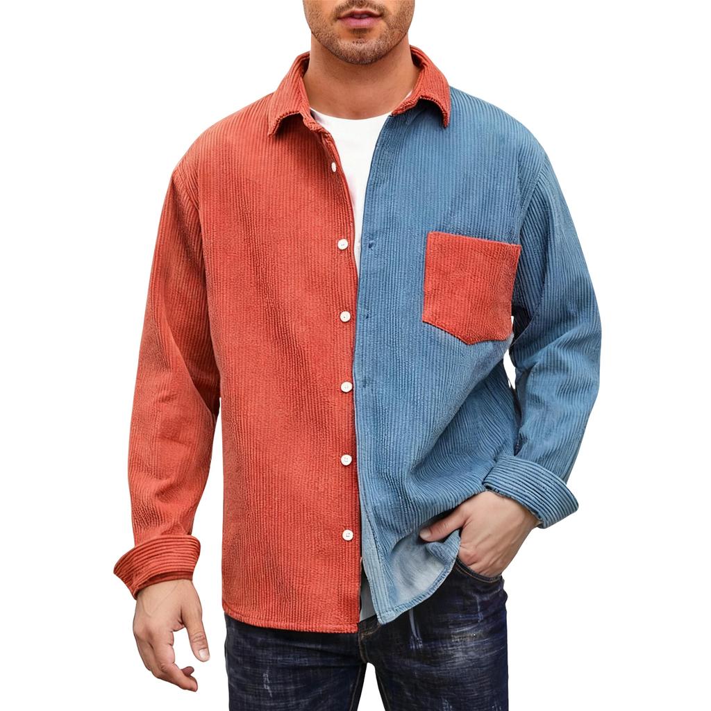Mens Shacket Patchwork Long Sleeve Button Down Corduroy Shirts For Men