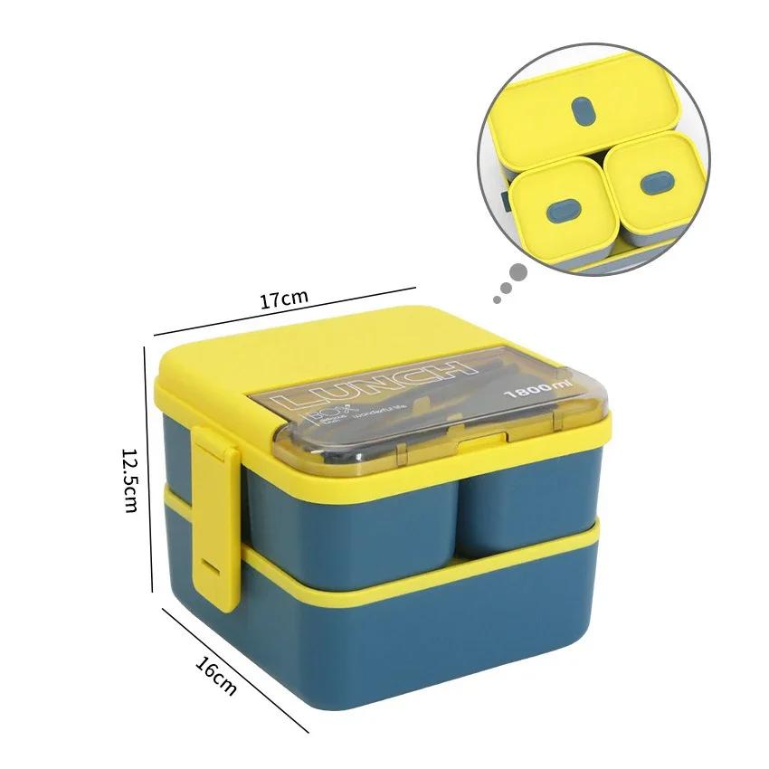 2 Layer Portable Leakproof Snack Lunch Bento Box Food Storage Container Office Kid Student Microwave Dinnerware Fork Spoon Set