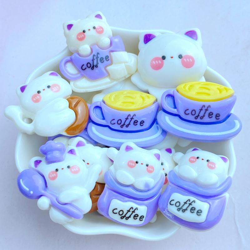 10Pcs New Cute Resin Mixed Cat Coffee Series Flat Back Fit Phone Deco Parts Embellishments For Hair Bows Accessories
