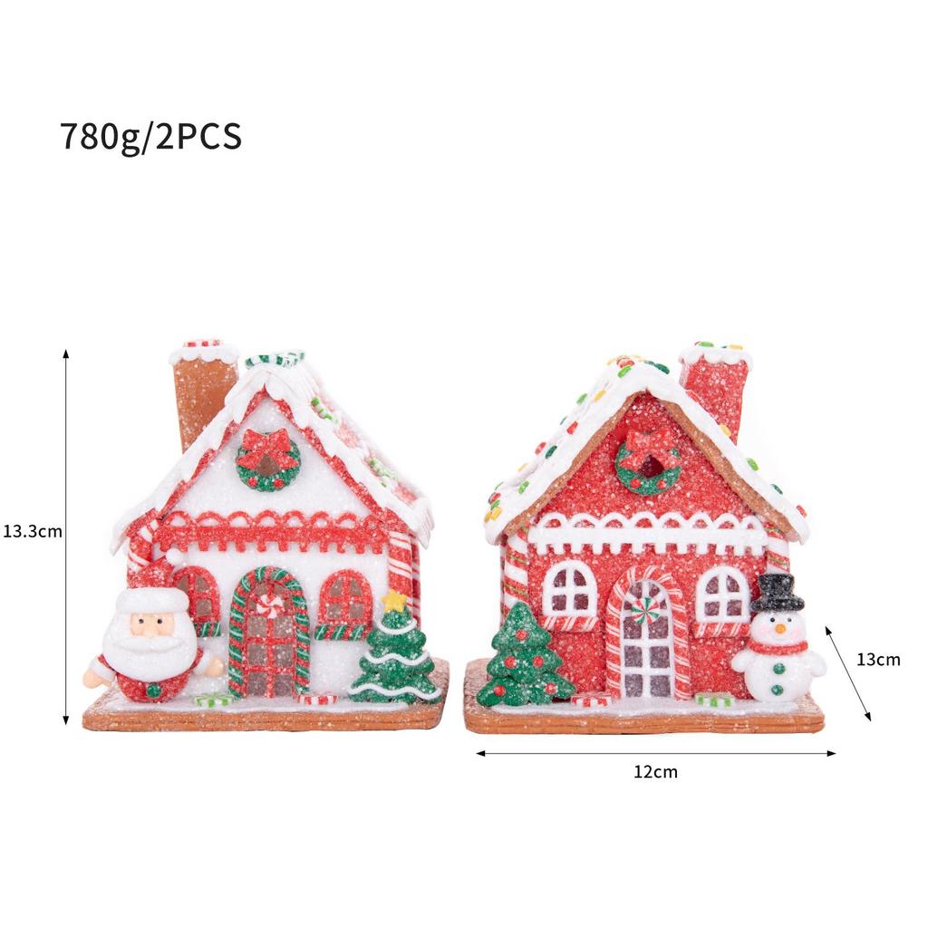 Red Gingerbread House Tabletop Ornaments, Santa & Snowman Christmas Decor (2Pcs Per Set)