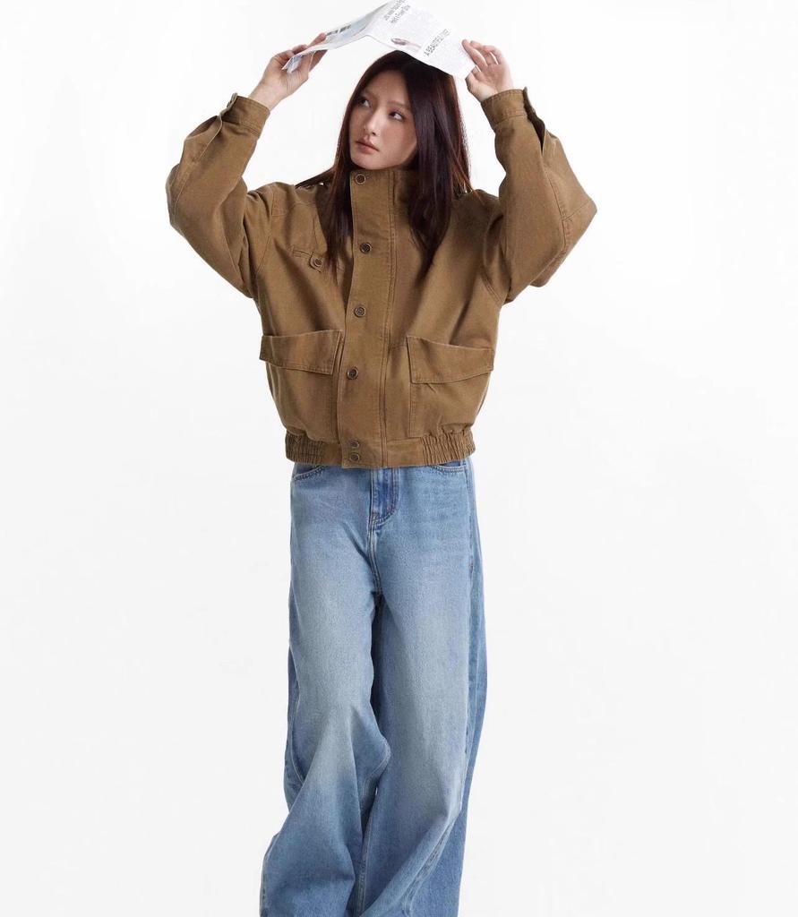 Unisex Retro Distressed Canvas Barn Jacket - Boxy, Stand Collar, Trendy Style