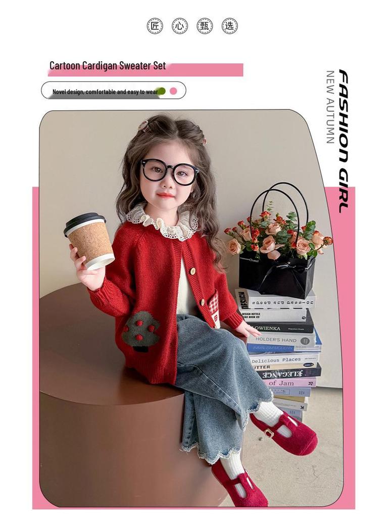 2025 Girls' Fashionable Cartoon Cardigan Sweater, Korean Style, Lace Trim for Spring and Autumn.