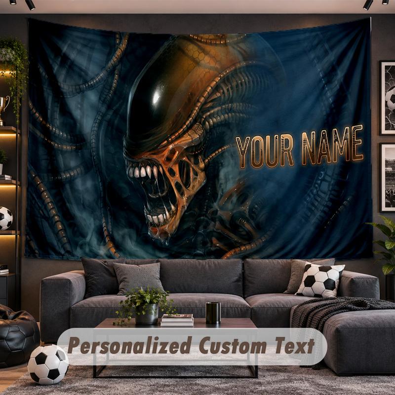 Alien Xenomorph Personalized Tapestry Support Custom Name, Wall Art Home Decoration
