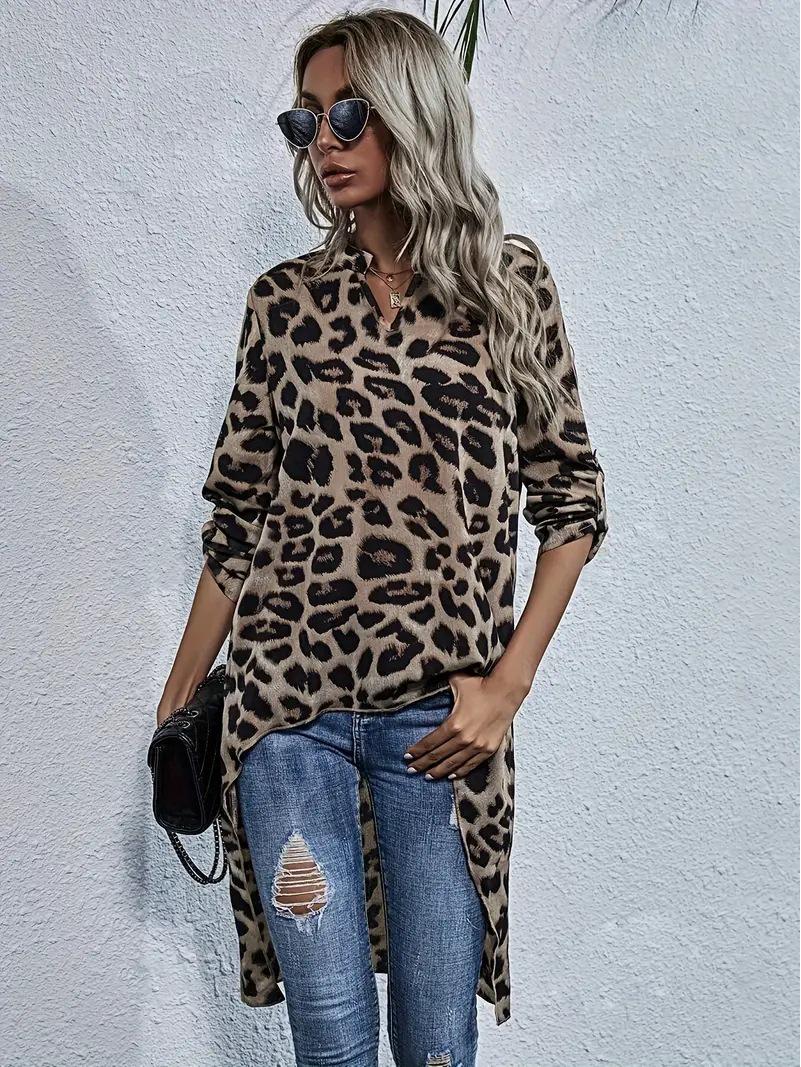 

Женская рубашка с отложным воротником, длинными рукавами и застежкой на пуговицы, с леопардовым принтом - повседневная одежда для весны/осени Double Extra Large цветной печати леопарда