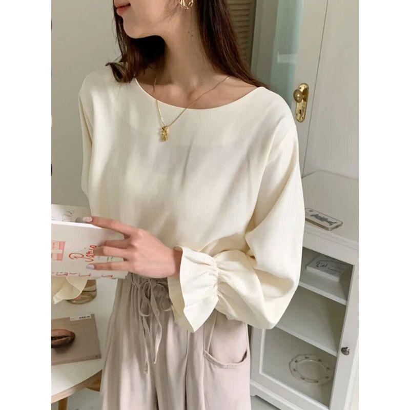 New Fall Women's Clothing Easiest for Match T-shirt round-Neck Flared Sleeves Pullover Pure Color Tops Loose Street Slim Looking All-Match Shirt