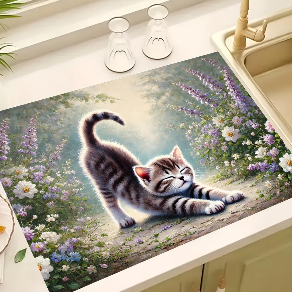 1Pcs Rubber Drying Mat With Kitten Print For Coffee Shop Restaurant Kitchen Carpet Tableware Durable Diatom Mud Table Mat Pet Mat Coffeeware