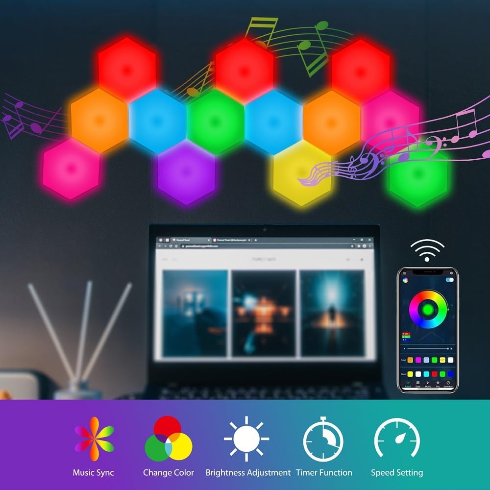 8 Pack Hexagon Light Panels - Smart RGB Hexagon LED Lights Wall Lights with APP & Remote Control Cool Music Sync Gaming Lights for Lving Room,
