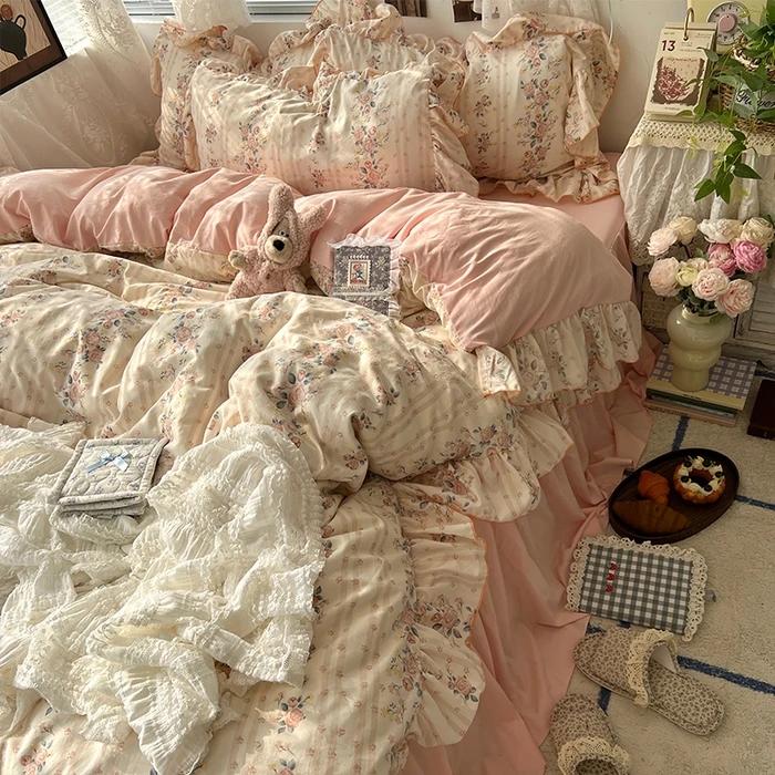 New Korean Princess Style Floral Ruffles Bedding Set Skin-Friendly Soft Duvet Cover Set Bed Sheet Or Bed Skirt Pillowcases
