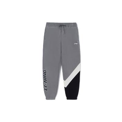 Li Ning Sports Lifestyle Series Fleece Warm Logo Print Color Block Loose Fit Sweatpants Men Bottoms Gray AKLRC05-7