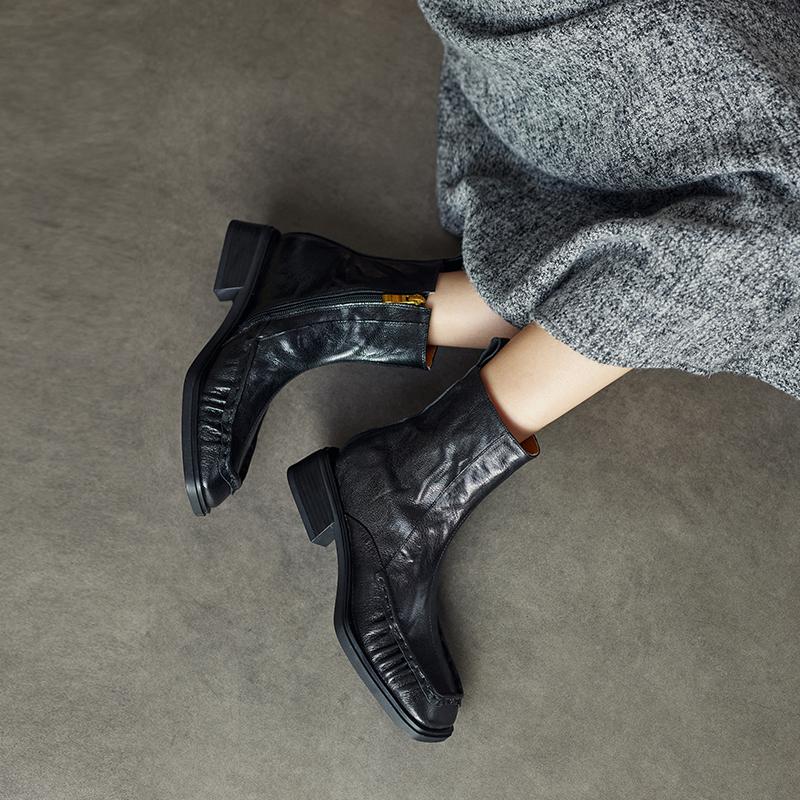 Fashion 2024 Autumn Women Boots Square Toe Chunky Heels Women Shoes Winter Ankle Boots Chelsea Genuine Leather Pleated Modern Boots
