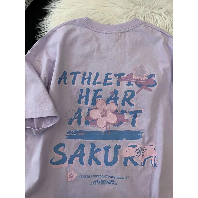 Loose Oversize ort Sve T-irt Chic Hong Kong Sle Retro Street Faion Summer Top for Women Cotton Plant Floral Print