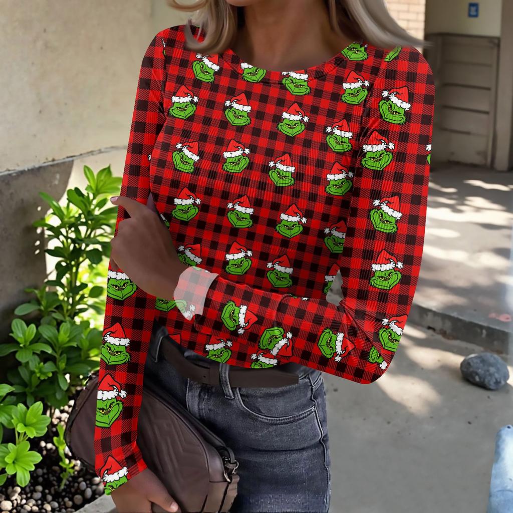 Women's Slim Fit Long Sleeve T-Shirt with Christmas Graphic Print Neck Pullover Top