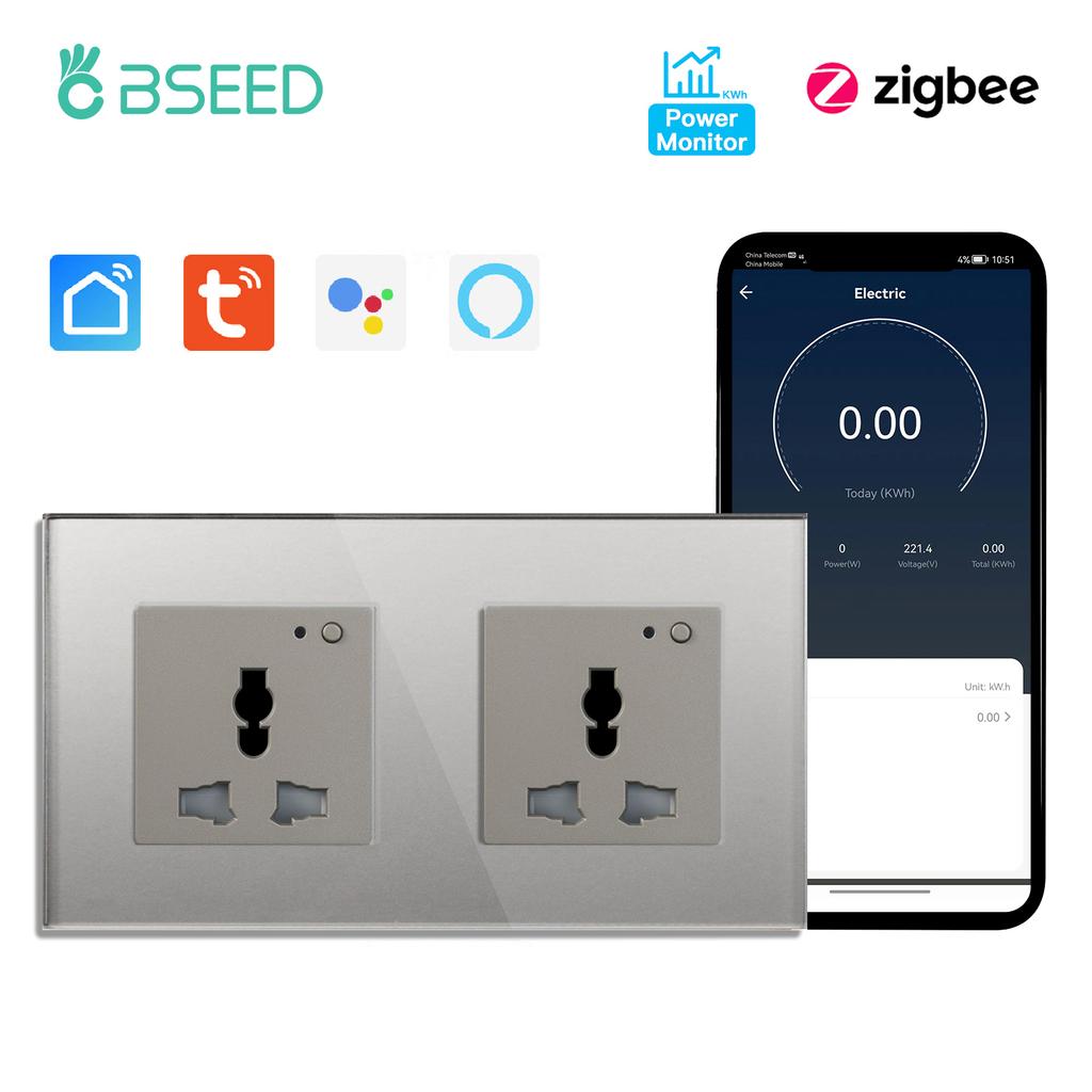 BSEED Zigbee Soquetes Inteligentes Universais Monitor de Potência Soquete de Energia Multifuncional Controle por App Tuya Smart Life Alexa Estrutura de Vidro
