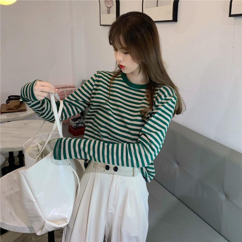 Large Size Striped Bottoming Shirt Long-sleeved T-shirt for Women in Autumn and Winter Fashionable and Versatile