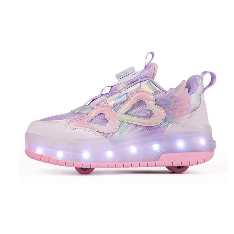 Kid's Lights Sports Shoes Rubbing Shoes Solid Magic Patch Can Charging Double-row Four-wheel Slide Shoes