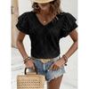 Summer Double-layer Ruffled Women Lace Blouse Casual Solid Color V-neck Shirts Sort Sleeve Loose Hollow Out Top Casual Sweet Fashion Elegant Clothing