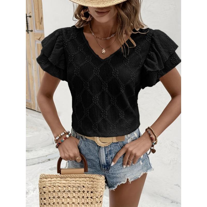 Summer Double-layer Ruffled Women Lace Blouse Casual Solid Color V-neck Shirts Sort Sleeve Loose Hollow Out Top Casual Sweet Fashion Elegant Clothing