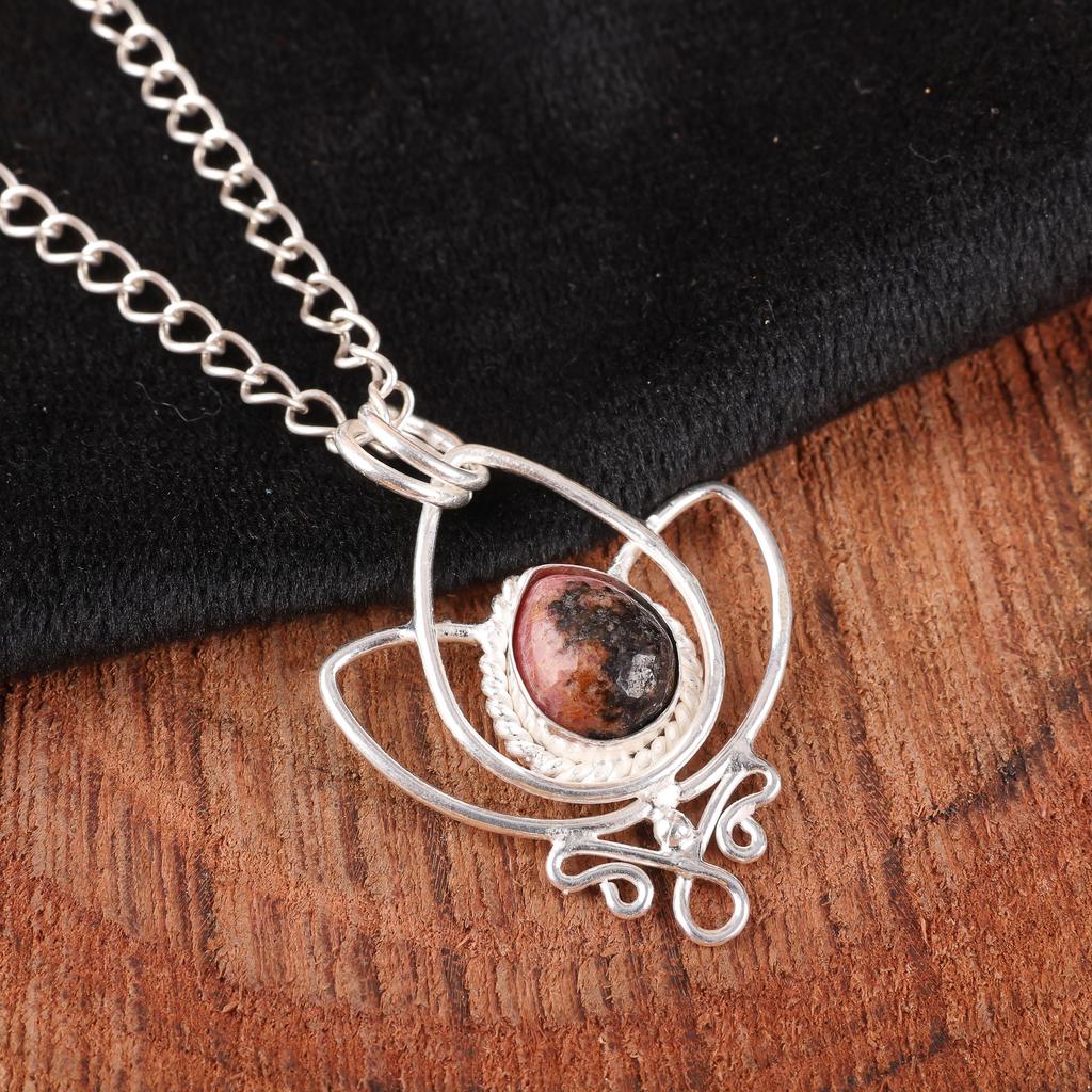 Black Rhodonite Gemstone Jewelry, 925 Solid Sterling Silver Pendant, Handmade Gorgeous Silver Boho Pendant For Wedding Gift