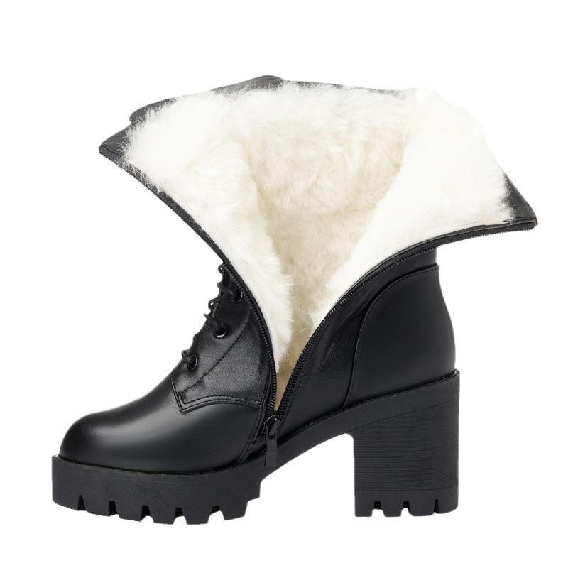Short boots Winter mid boots boots thick heel Martin boots high heels leather boots velvet cotton shoes