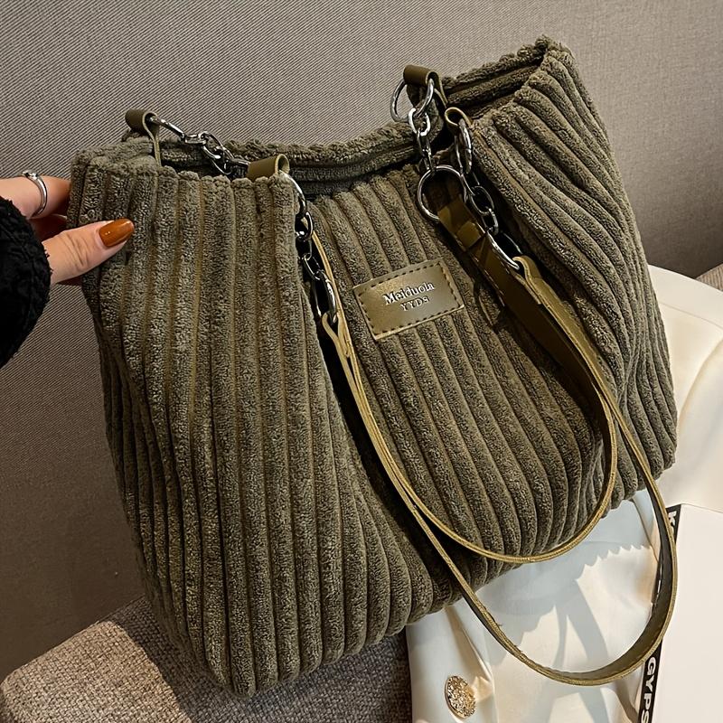 Vintage Corduroy Solid Color Shoulder Bag, Suitable for Autumn and Winter Seasons, Large Capacity, Lightweight Ideal for Shopping, Travel