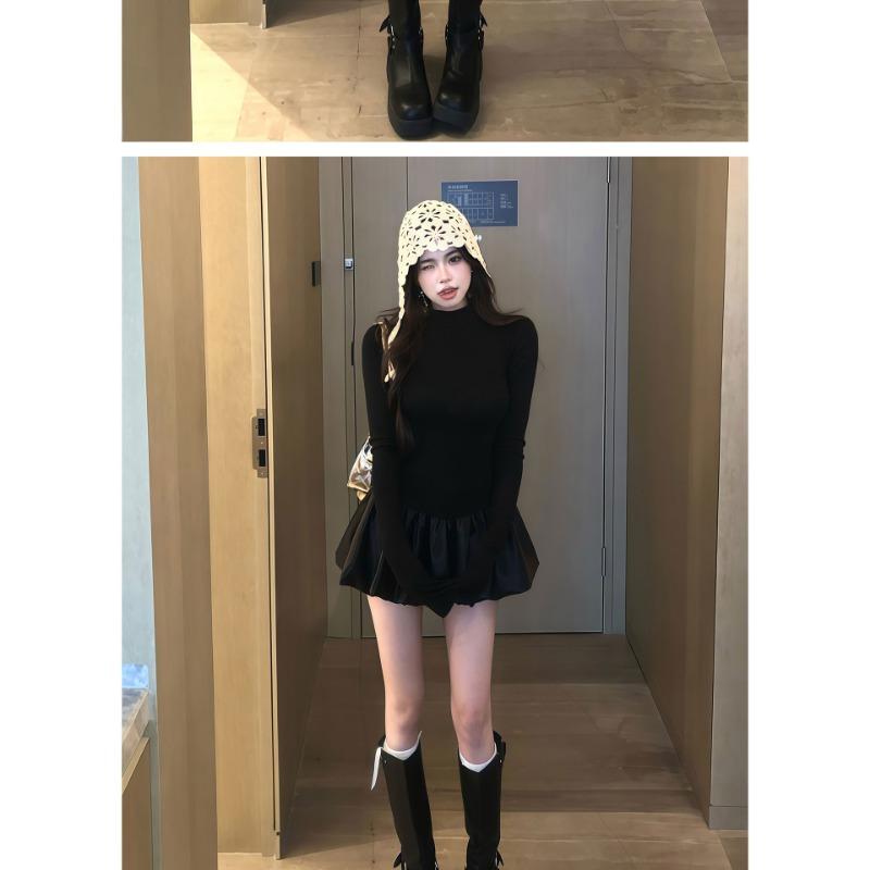 Women Sweet Cool Slim Fitted High Waist Long Sleeve Puffy Short Dress