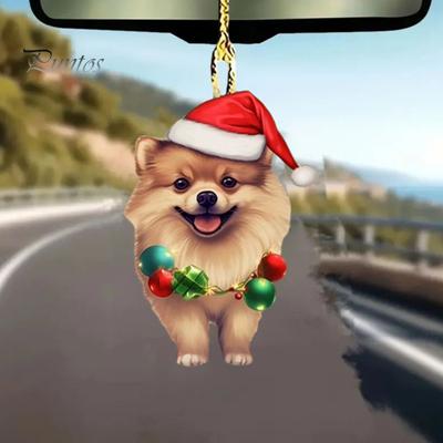 Weihnachts-Hunde-Rückspiegel-Anhänger, Auto-Ornament, Dekoration, süßer Welpe mit Weihnachtsmütze, Christbaumschmuck, Auto-Zubehör