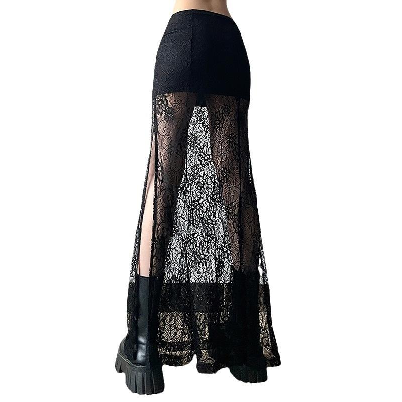 European and American style summer new women's clothing fashion black lace perspective slim and thin floor long skirt skirt