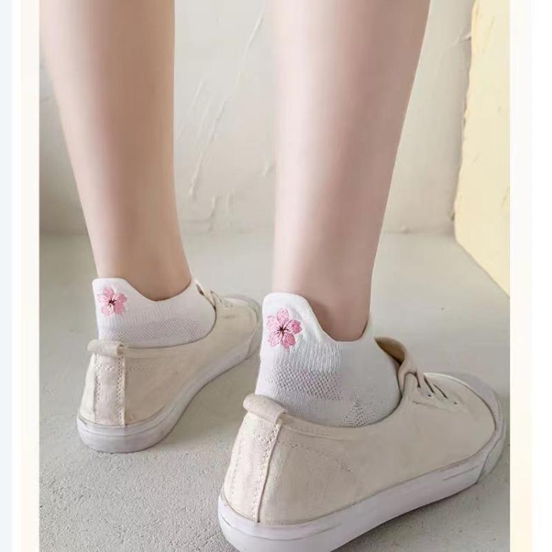 5 Pairs Women Cartoon Short Socks Trendy Versatile Cute Flower Pattern Socks Sweat Absorbing Breathable Soft And Casual Socks