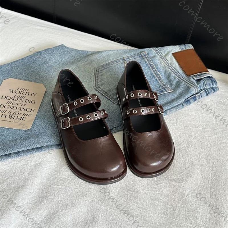 Fashion Comemore 2025 New Retro Mary Jane Flat Shoes for Women Round Toe Double Buckle Strap Flats Casual Solild Soft Leather Loafers