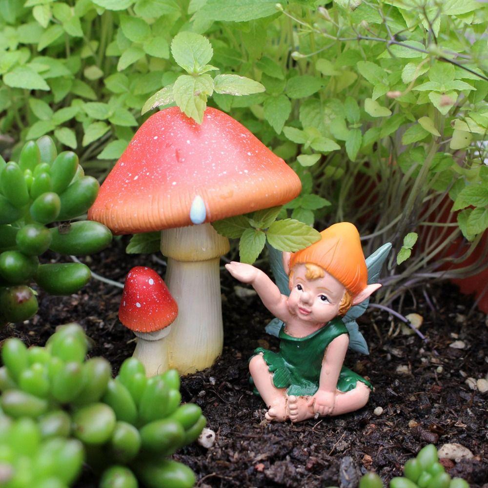 Resin Mushroom Fairy Statue Cartoon Miniature Figurine Sculptures Mushroom Doll Set  Gift