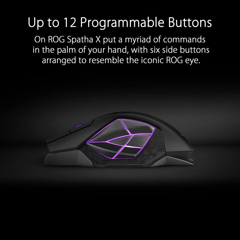 ASUSTek ROG Spatha X MMO Wireless Gaming 12 Programmable Up to 67 Hours of Battery ROG RGB Black Mouse, 19,000dpi, Buttons, Dual-Mode Connection,