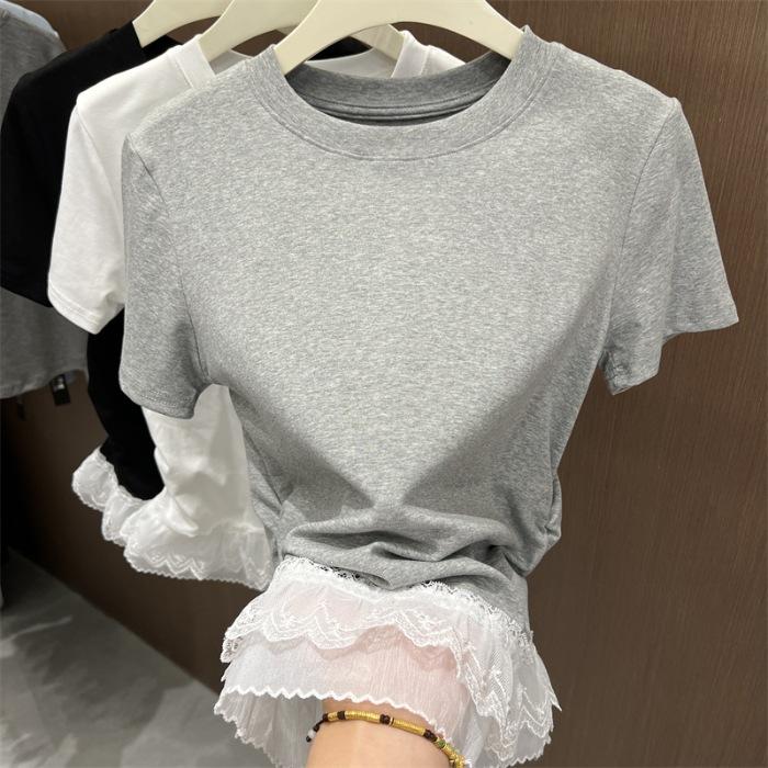Special Xiaohongshu cotton elastane white lace splicing front shoulder short sleeve t-shirt women