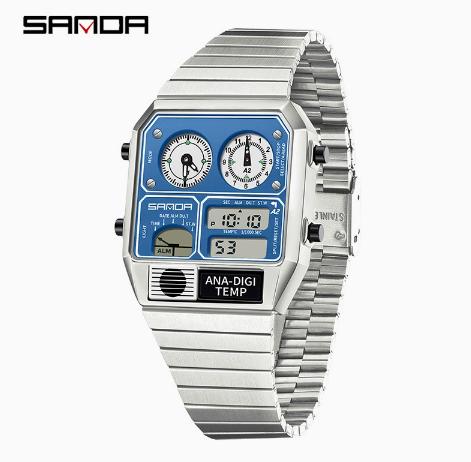 Relógio Masculino Digital LED SANDA 3192 Mostrador Quadrado Duplo Display Multifuncional Medição de Temperatura Esportivo Masculino de Pulso Presente