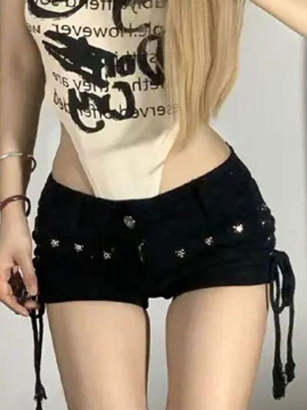 Women's 2023 American Retro Lace-Up Denim Shorts - Slim Fit, Hip-Hugging Design