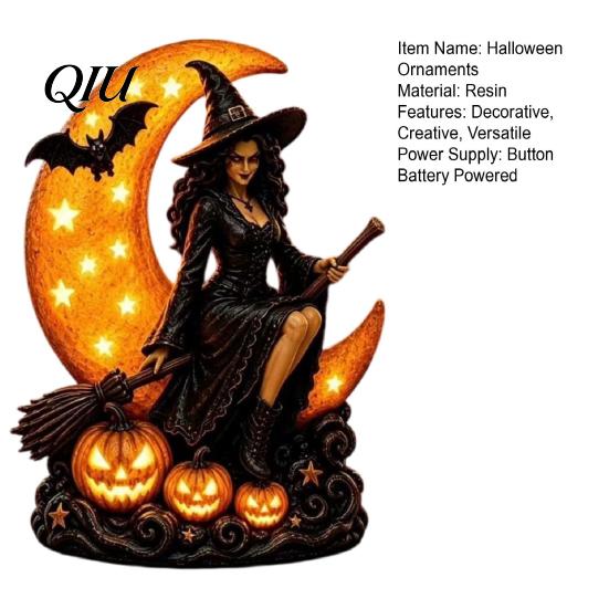 Detailed Fantasy Figurines Halloween Witch on Crescent Moon Decorative Light, Gothic Spooky Shelf Accents Lamp, Resin Figurine for Home Tabletop