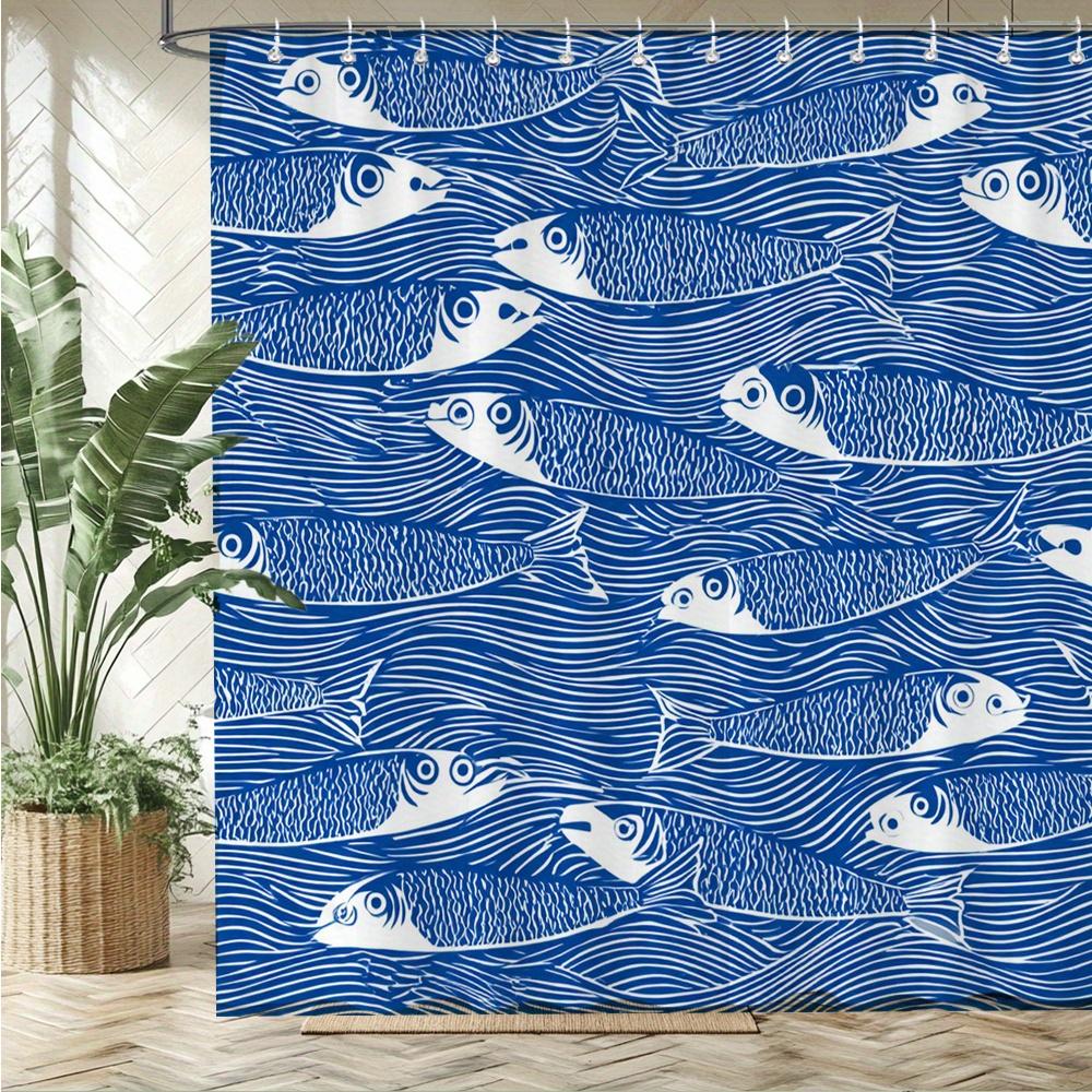 Sprchový závěs s rybím vzorem – Bílé stylizované ryby s vlnovkami na tmavě modrém pozadí, 12 háčků, 70,87×70,87 palce