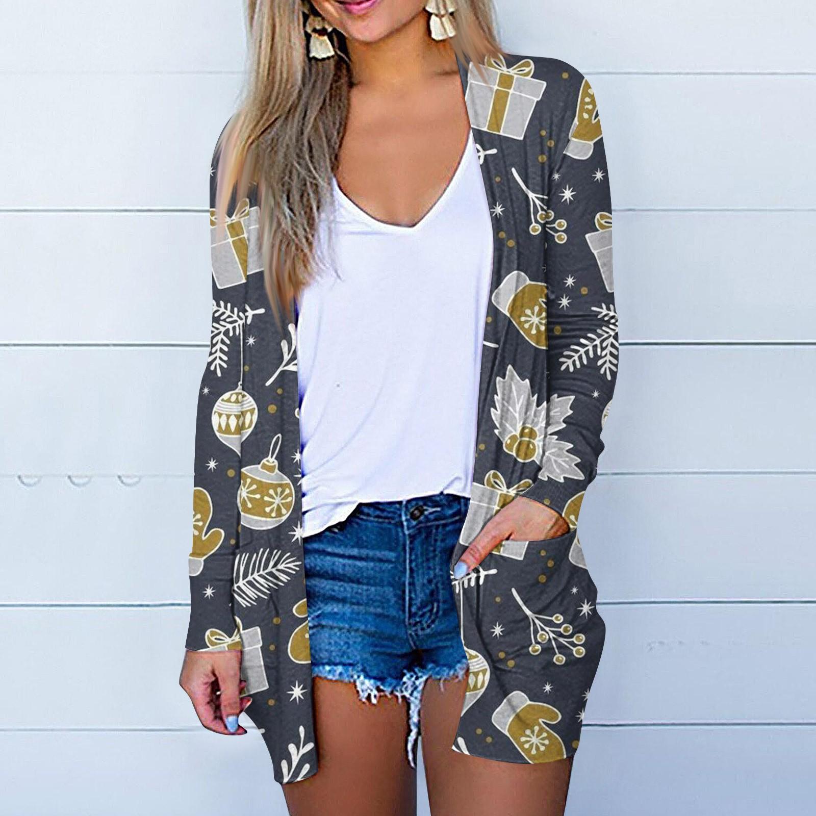 

Женская мода, повседневный рождественский принт, кардиган средней длины, карманное пальто XXXXXL