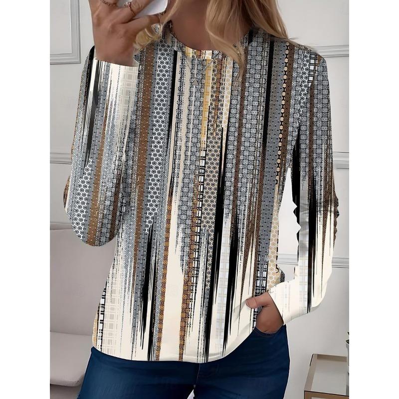 Spring and Autumn Round Neck Abstract Pattern 3D Printed Top Fashionable Casual Long Sleeved Women's T-shirts