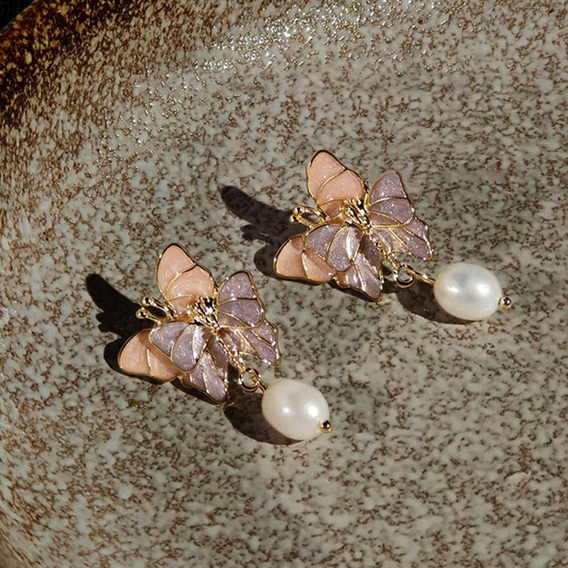 1Pair Purple Dream Butterfly Pearl Stud Earrings Korean Exquisite Gentle Sweet Earring For Women Girl Party Wedding Jewelry Gift