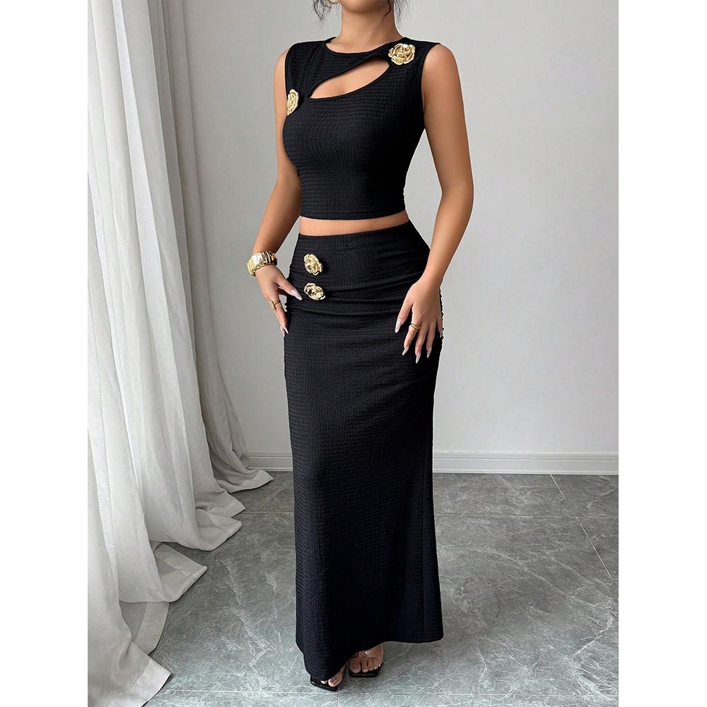 Women's 2 Pieces Summer Sets 2-Piece Set Knit Button Hollow Top And Waist Slit Skirt Skirt Set